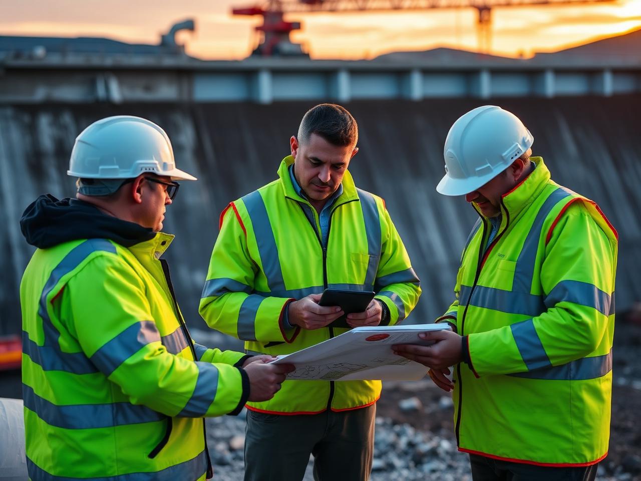 Engineers reviewing construction plans on site