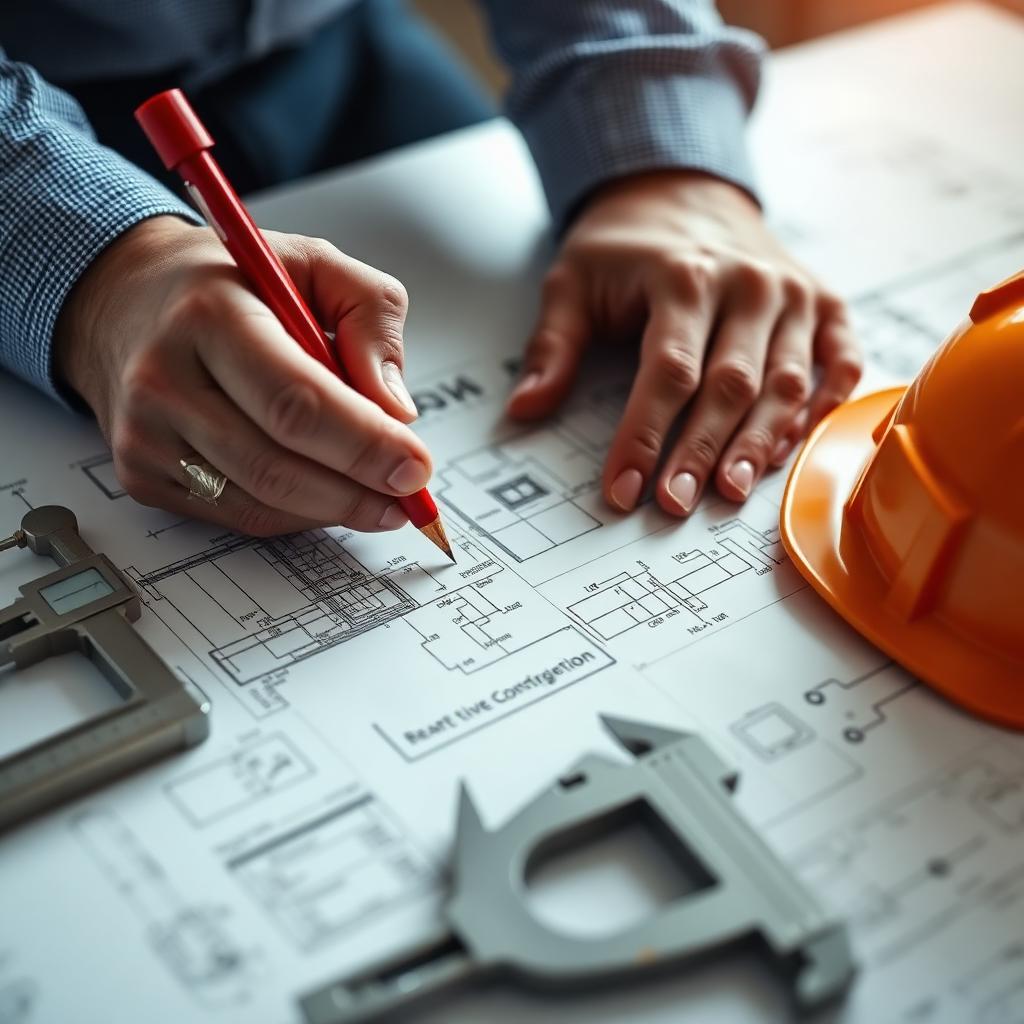 Engineer redlining technical construction drawings with red pen